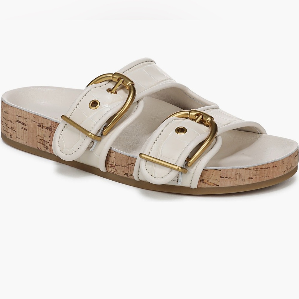 Chic White Slide Sandals with Gold Accents Veronica Beard Prue